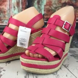 Pink Straw Wedge Strappy Open Toe Platform sandals